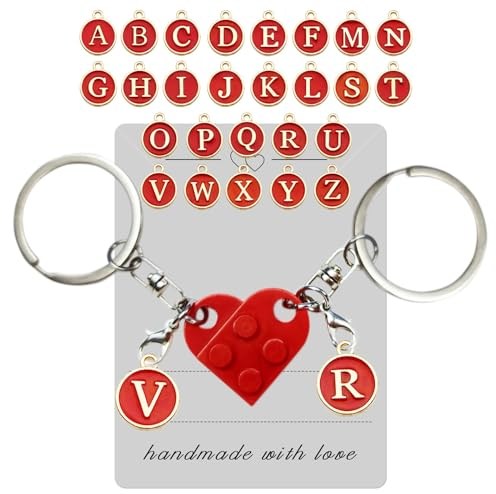 NATOSU Personalisierter, passender Herz-Schlüsselanhänger aus Ziegelstein für Freund, Freundin, Valentinstag, Weihnachten, Ihn, Paargeschenke, komplett von A bis Z
