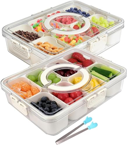 2 Stücke Snackbox Mit Fächern,Snackbox kinder 8 Fächer Gewürzbehälter Geteiltes Serviertablett Mit Deckel Und Griff Snackteller Mit Deckel Partybutler für Picknick Süßigkeiten Obst Dessert Gemüse