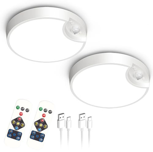 2 Pack Rechargeable Motion Sensor Light with Remote, 7.5-inch 400LM Wireless Ceiling Light Battery Operated, 8000mAh Battery Pir Light, Battery Powered Light for Loft Porch Shed Garage Bathroom