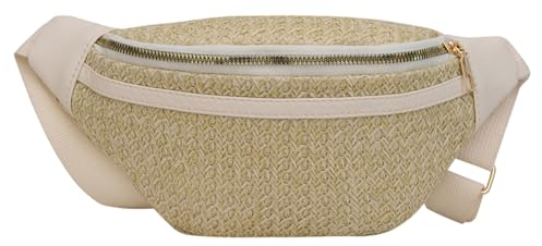 LYEAA Sac d'été en paille pour femme - Patchwork tissé - Bandoulière réglable - Sac banane tressé - Sac banane quotidien pour filles, kaki, Utilitaire