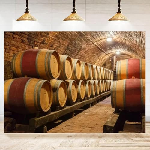 Photographie Toile de Fond Cave à vin souterraine Fûts de chêne Bouteilles Échelle Grunge Plancher de Bois Fond Portrait Séance Photo Studio 440x300CM