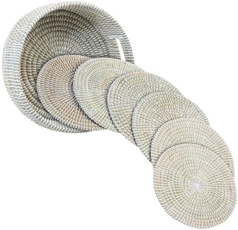 Seagrass Placemats, Handwoven Straw, Natural Organic Aesthetic (White, Set of 6 & Holder)