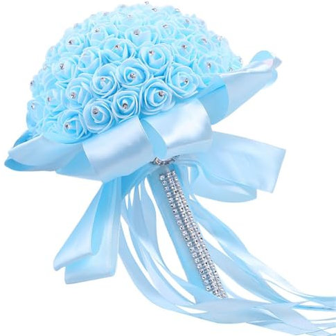 Wisafory Bouquet da sposa, bouquet di nozze, romantici fiori artificiali, con bel nastro, fiori di seta, bouquet di rose per matrimoni, feste, con decorazione di perle, azzurro