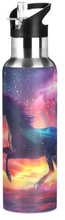 Horse Glaxy - Botella de agua con diseño de unicornio y arco iris, con tapa con pajilla, termo de acero inoxidable, para niños y niñas, gimnasio, deportes, a prueba de fugas, 600 ml