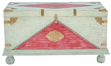 Oriental Galerie Shabby Chic Holztruhe mit Messingbeschlag Schatztruhe Truhe Kiste Box Holz Indien Massiv Antik-Optik Mint Rot 105 cm