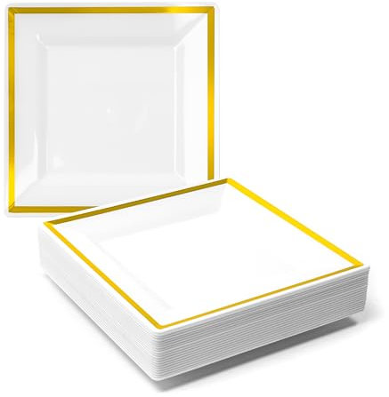 MATANA 20 Platos de Postre Cuadrados de Plástico Blanco Premium con Borde Dorado, 16,5cm - Elegantes, Resistentes y Reutilizables - Bodas, Cumpleaños, Navidad, Barbacoas, Fiestas