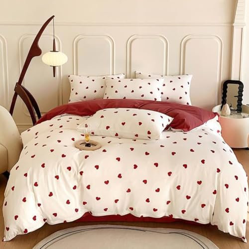 Freyamy Copripiumino 200 x 200 cm+2 federe 65 x 65 cm cuore stampato rosso bianco set da letto matrimoniale per adulti motivo cuore set copripiumino in microfibra con cerniera