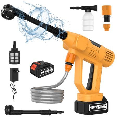 Idropulitrice a Batteria, 65Bar Idropulitrice Portatile con 1 Batterie, 10 Livelli di Pressione Regolabili, Ugello 6 In 1, Tubo 5 m, Vaso di Schiuma, Idropulitrice Senza Fili per Auto Giardino