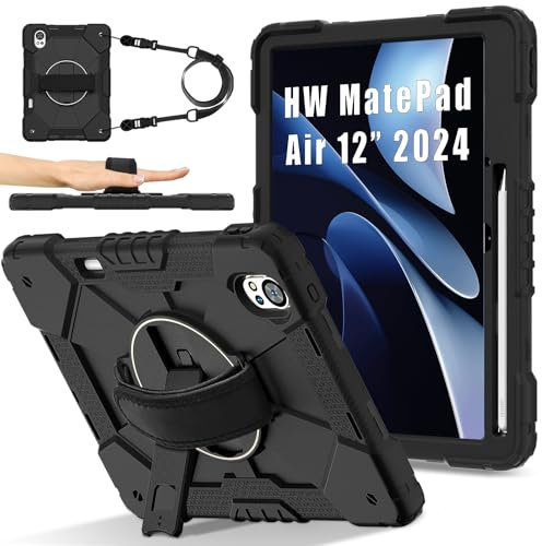 Coque compatible avec Huawei MatePad Air 12 2024 avec porte-crayon, coque en TPU robuste compatible avec la tablette Huawei Matepad 12X 2024, étui à bandoulière et dragonne, noir
