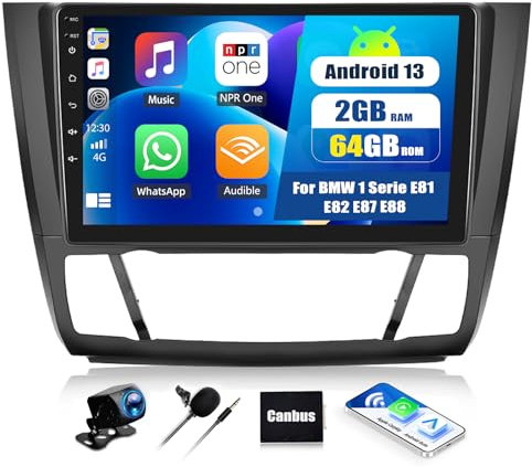 Autoradio Bluetooth pour BMW X1 E81 E82 E87 E88 2008-2012 2+64G Android 13 avec Carplay Android Auto sans Fil, 9 Écran avec GPS WiFi FM/RDS EQ Mirror Link+Caméra de Recul&Mic+Canbus