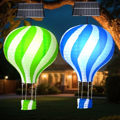 Heißluftballon Solar Lampions Außen Wetterfest, 2 Stück Solarlampen für Außen Hängend Heißluftballon, Lampions Solar Heissluftballons Outdoor, LED Wasserdicht Solarlaterne für Garten Balkon Deko (B)
