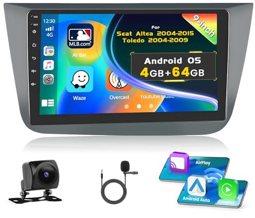 [4G+64G] Inefala Android 15 Autoradio für Seat Altea 2004-2015/Toledo 2004-2009 mit Wireless CarPlay und Android Auto, 9 Touchscreen Radio mit Navi GPS WiFi Blurtooth FM/RDS Rückkamera Mic