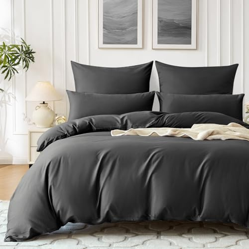 SOULFUL Satin Bettwäsche 155x220 Baumwolle Kühlend, Oeko-Tex, Anthrazit | 100% Langstapelige Baumwolle Seidig Kühlend Bettwäsche-Set mit Reißverschluss, 1 Bettbezug 155x220 & 1 Kissenbezug 80x80
