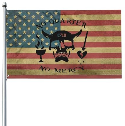 Bandera 90X150cm, Cráneo pirata de Barbanegra estadounidense sin cuartel de 1718 Clásica Flags Reforzada Banderin para Barras Balcón Hogar