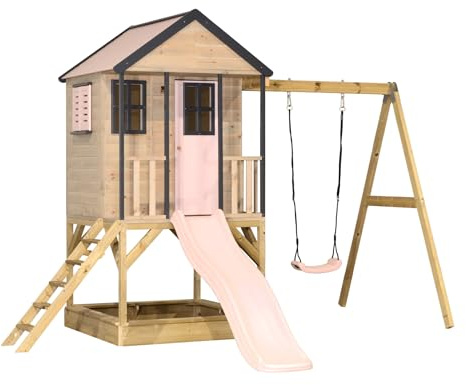 Wendi Toys M50 Stelzenhaus mit Rutsche und Schaukel, Outdoor Spielturm aus FSC-Holz für Kinder Garten, Podest 90 cm, 290×350×242 cm, mit 175 cm Rutsche, Sandkasten, wetterfest