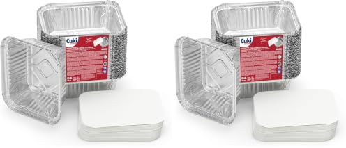 Cuki Professional vaschette in alluminio rettangolari con coperchi, 1 porzione, cm14,5x12xh4, 1 confezione da 100 pezzi, monouso per forno, microonde, frigo, cottura, conservazione