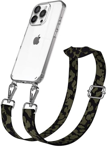 EAZY CASE Handykette - Verstellbares Taschenband kompatibel mit iPhone 16 Pro, Schulterriemen, Handykordel mit Silikon Hülle, Umhängetasche, Dunkelgrün Camouflage Silber