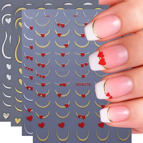 Nagelsticker Herz, 3D Nagelaufkleber Selbstklebend Valentinstag French Gold Silber Rot Linie Herz Nail Art Sticker Valentinstag NagelDesign Nagelsticker DIY Maniküre Dekoration(4Blatt)