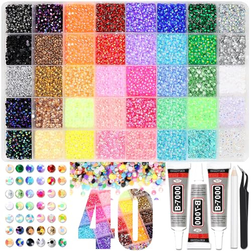 RODAKY Jelly Rhinestone for Bedazzling 40 Color Resin Rhinestones 3mm Flatback Gems Crystal Rhinestone Kit with 3Pcs 10ml B7000 Glue Diamond Jewels for Crafting DIY Art