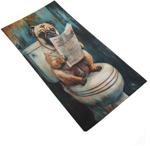 sinyumoney Handtuch mit Mops-Motiv, der auf der Toilette Zeitung liest – superweich, perfekt für Zuhause, 35 x 73 cm