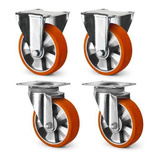 Abrollwerk 4er Set Schwerlastrollen 125-200 mm bis 1800 kg – Lenkrollen mit Bremse, Lenkrollen & Bockrollen – Alu-Radkörper, Doppelkugellager (125mm, 2 Lenkrollen / 2 Bockrollen)