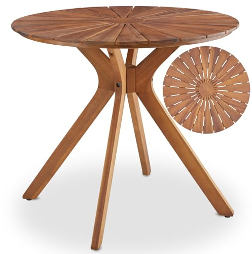 tectake® Massivholz Gartentisch, 70 x 70 x 62 cm, rund, wetterfest, X-Gestell, höhenverstellbar, Gartenmöbel, Akazienholz Gartentische, Outdoor Tisch, Gartentisch, Tischplatte mit Sonnenmuster