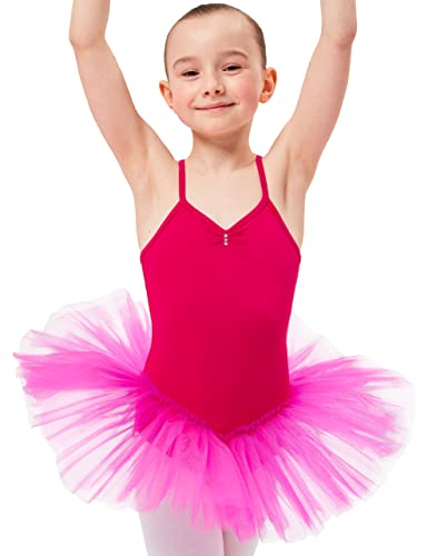 tanzmuster Ballettkleid Mädchen Tutu - Kim - weicher Baumwollstoff - Glitzersteine - Ballett Trikot mit Tüllrock für Kinder - pink, 116/122