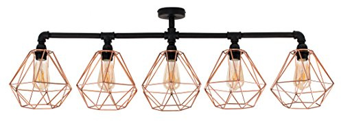MiniSun | Industrial Steampunk Style 5 Way Satin Black Pipework Bar Ceiling Light with Copper Basket Cage Shades | Pendant Lights, Home Décor & Improvement Essential