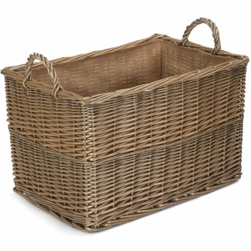 Red Hamper Antique Wash Rectangular Hessian Lined Basket, Wicker, Brown, 37 x 28 x 25 cm