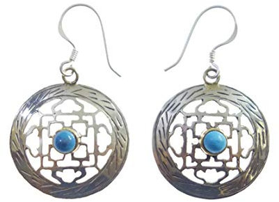 Ethnische Stammes Zigeuner Handgefertigte Baumeln Tibetisches Mandala-Design Ohrringe für Damen Türkis Edelstein Ohrringe Filigrane Boho Mode Ohrringe / 22 X 22 Cm