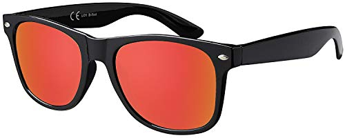La Optica B.L.M. Herren Sonnenbrille UV400 CAT 3 Damen Unisex Retro Vintage - Glänzend Schwarz (Gläser: Rot Verspiegelt)