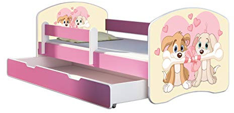 Kinderbett Jugendbett mit einer Schublade und Matratze Rausfallschutz Rosa 70 x 140 80 x 160 80 x 180 ACMA II (12 Welpen, 80 x 180 cm mit Bettkasten)