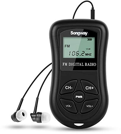 Songway Radio FM de Poche Mini LCD stéréo DSP Radio avec écouteurs 60-108 MHz pour conférence, répétition, Examen, Sport, Guide Touristique (Noir)