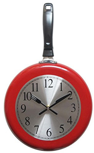 10 inch Metal Frying Pan Wall Clock - Kitchen Themed Home Decor with a Screwdriver (Red)