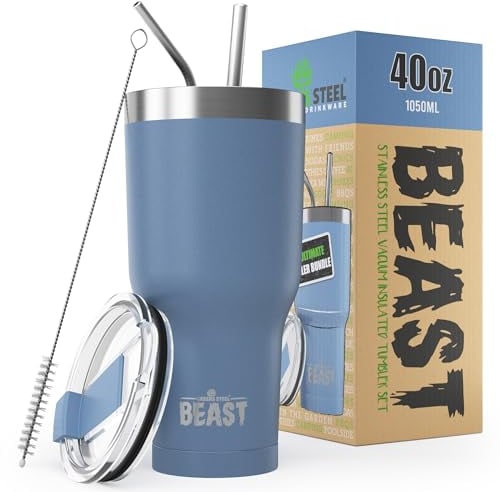 BEAST Mug Isotherme Cafe - 1050ml I Ciel orageux I Acier Inoxydable I Réutilisable, Tasses Isothermes I 2 Pailles et Brosse Nettoyage I Thermos Cafés de Voyage Double Paroi I Café Chaud ou Glacé