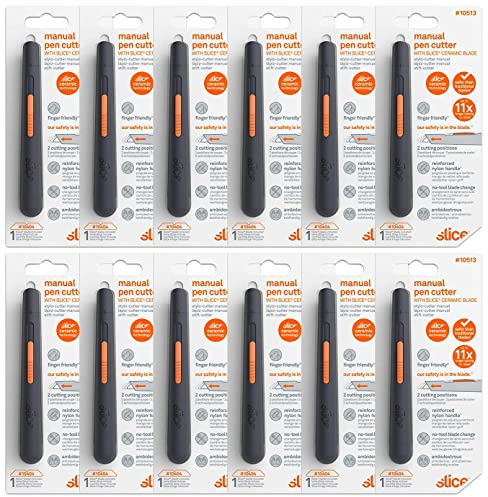 Slice 10513 Pen Cutter, 3-Position Manual Blade, Package Opener Tool, Cuts Carboard, Stays Sharp up to 11x Longer Than Metal Blades, 12 Pack
