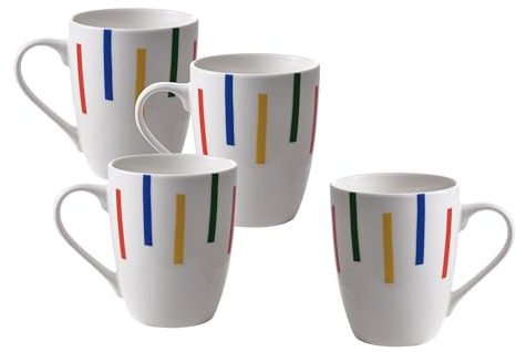 UNITED COLORS OF BENETTON. Rainbow | Tazza di Porcellana | 4 Pezzi da 360 ml | Alta Durevolezza e Resistenza | Tazze per Colazione Adatti per Lavastoviglie | Bianco a Strisce