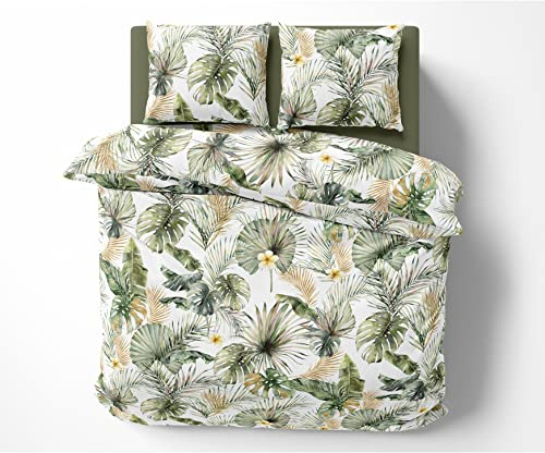 Bettwaesche-mit-Stil Mako Satin Bettwäsche Blätter und Palmen weiß (Garnitur 135x200 + 80x80 cm)