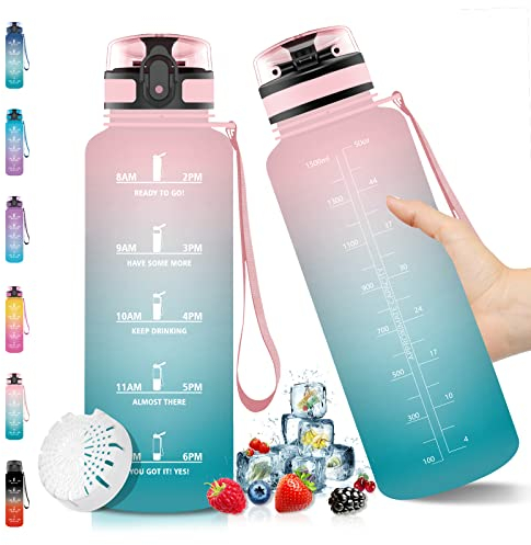 Vikaster Bouteille d'eau, Gourde sport en Tritan 1,5 litre BPA free, 1500ml Gourde Sport, Étanche & Réutilisable, avec Filtre et Marqueur Temps, Bouteille sport vélo, Gym, enfants, sport Rose/Cyan
