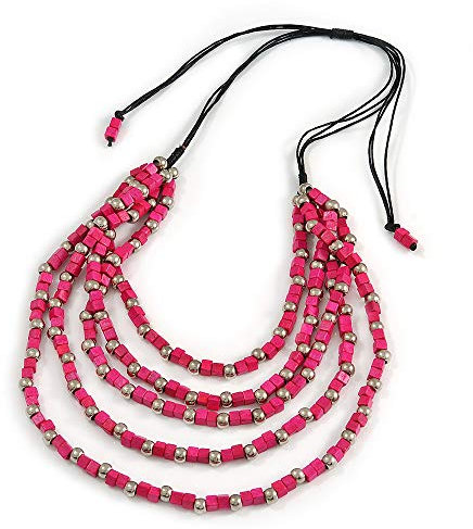 Avalaya Multstrand, Layered Fuchsia Wood Bead, Black Cotton Cord Necklace - 60cm/ 80cm - Adjustable
