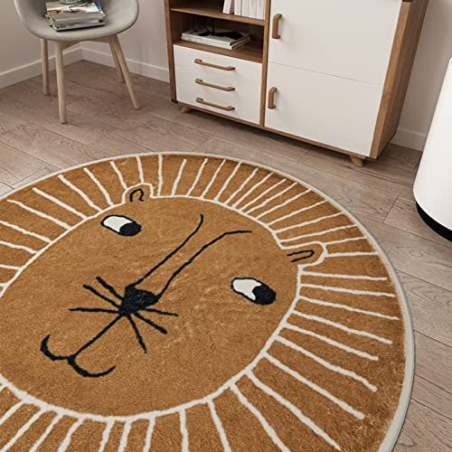 LONGSAO Modern Rund Teppich Groß Wohnzimmer Designer In-und Outdoor Teppich Kurzer Plüsch Teppiche Kinderzimmer Runder Teppich Mode Braun Weiß Cartoon Löwe, ø 190CM
