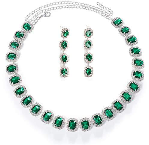 STONEFANS Smaragdgrüne Strass-Choker-Halskette für Damen, funkelnd, quadratisch, Strass-Halsband, Statement-Halsschmuck (grünes Schmuckset), Sterlingsilber, Adjustable, Sterling-Silber, Smaragd,