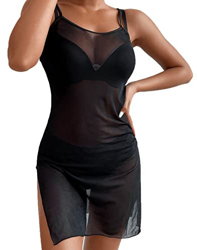 Durchsichtiges Bikini Cover Up Strandkleid Damen Sexy Schwarz Kleid Minirock Halbtransparentes Feines Netz Minikleid Strandkleid Sommertop Boho Strandurlaub Bademode