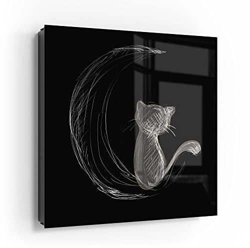 DEQORI Schlüsselkasten schwarz | 30x30 cm | Motiv Die Katze und der Mond | Glas & Metall Schlüssel-Box | Schlüsselschrank mit 50 Haken + 2 Magnete | Moderne Box magnetisch & beschreibbar