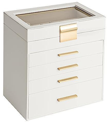 Somduy Schmuckkästchen, 5 Ebenen, Schmuckaufbewahrungsbox mit Glasdeckel für Frauen, 4 Schubladen, großes Fassungsvermögen für Halsketten, Ohrringe, Armbänder, Ringe, Weiß