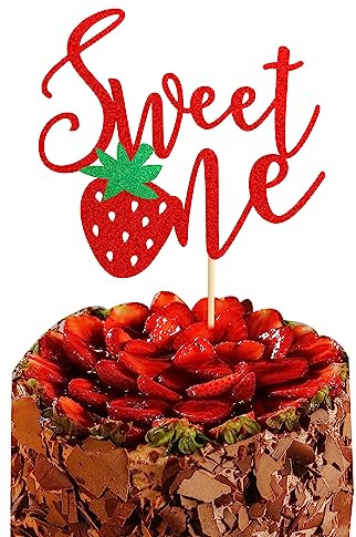 Arthsdite Erdbeer-Kuchenaufsatz für den ersten / 1. Geburtstag, Erdbeer-Kuchenaufsatz für süße Früchte, Babyparty, Kindergeburtstag, Partyzubehör, roter Glitzer
