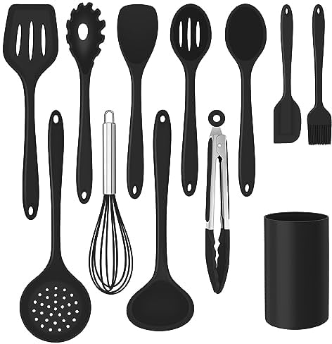 Herogo Kitchen Utensils Set of 12, Silicone Cooking Utensils Set with Holder for Baking, Cooking, Non Stick & Heat Resistant Cookware Include Spatula Whisk Spoon Turner Tongs, Dishwasher Safe (Black)