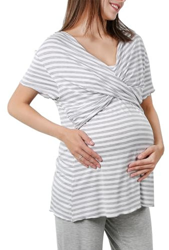 OCCIENTEC Pigiama di maternità Separato per Donna, Camicia da Allattamento a Righe con Scollo a V o Pantaloni di maternità con Fascia Regolabile in Vita, Grigio Chiaro-SS,L