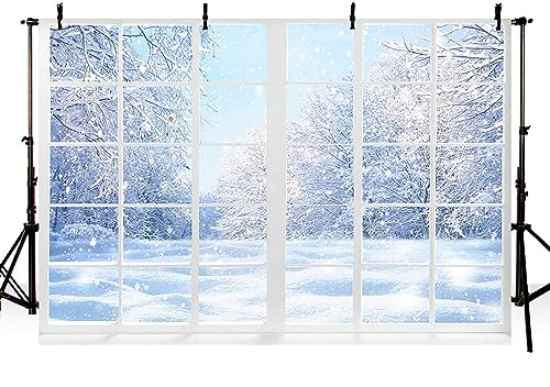 AIBIIN 2,1 x 1,5 m Winterlandschaft Fotografie Hintergrund Wald Schnee Fenster Weihnachten Party Hintergrund Fotostudio Requisiten