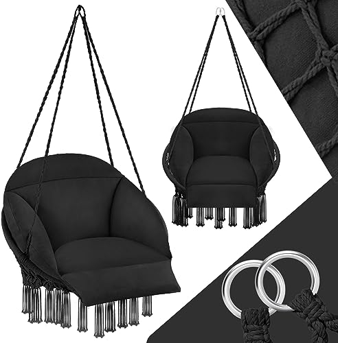 tectake® Hanging Egg Chair with Cushion, for Indoor Bedroom Decor as a Hanging Swing Chair, or Outdoor Use as Garden Furniture & Balcony Furniture, Supports 150 kg - Black